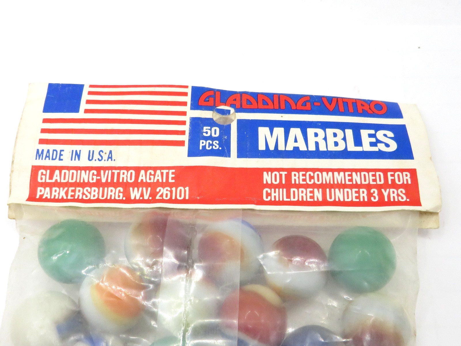 VINTAGE GLADDING VITRO AGATE MARBLES 50 PCS SEALED BAG PARKERSSBURG WV USA**