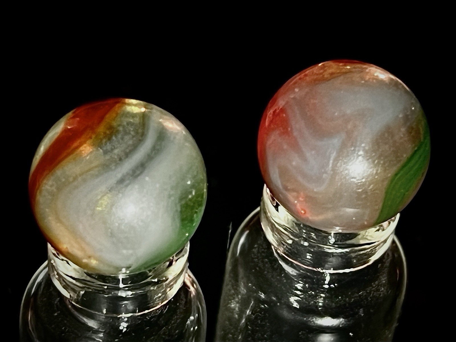 Vintage Peltier NLR Colorado Marble Green Red Swirl Clear Base 5/8” (pair)