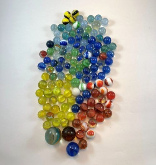 Vintage Collection of 127 Glass Marbles and Cloth Bag, circa 1960-70s