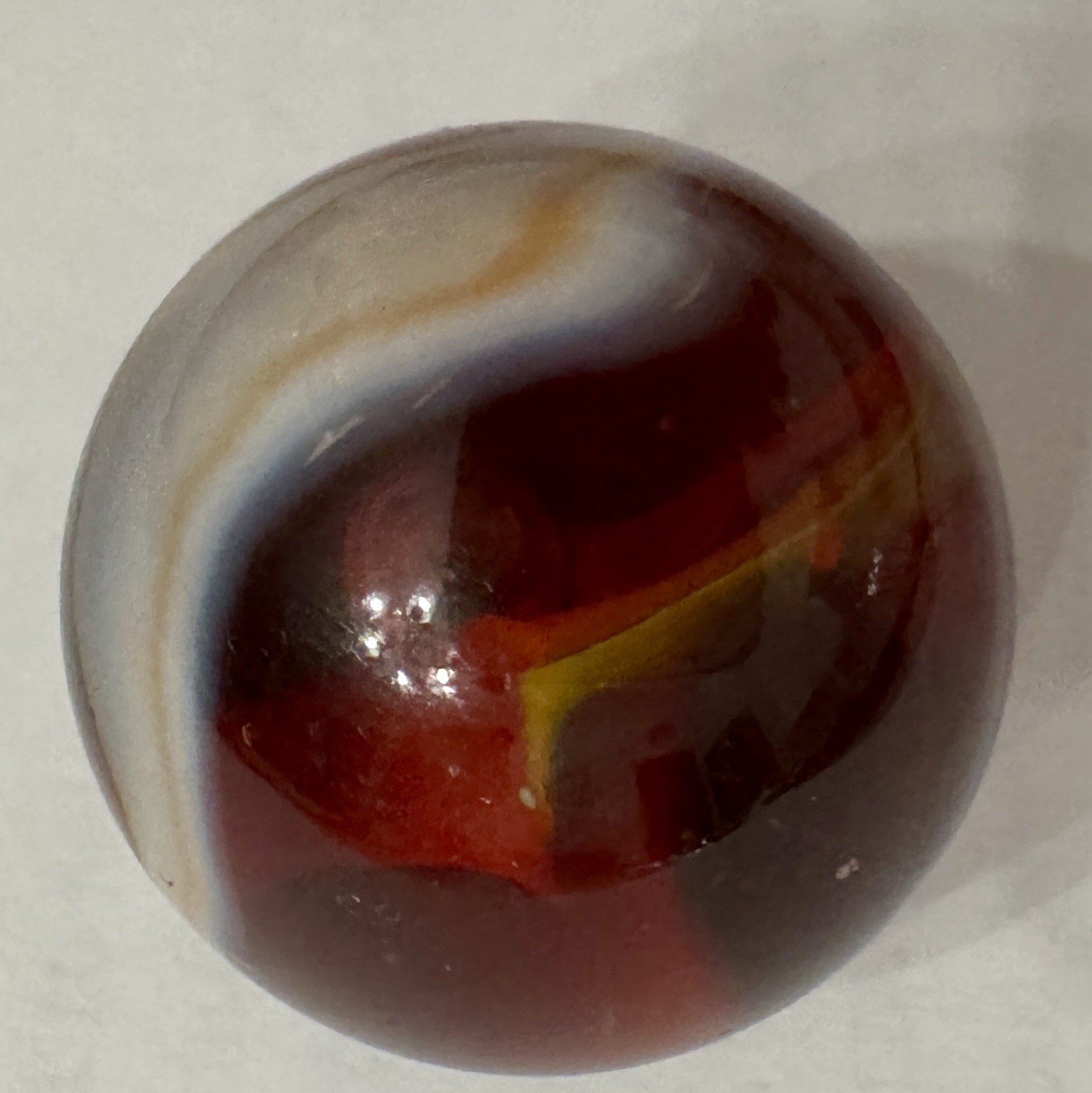 Vintage Handmade Large 1” Glass Shooter Marble Ruby Red White Yellow Swirl 25mm