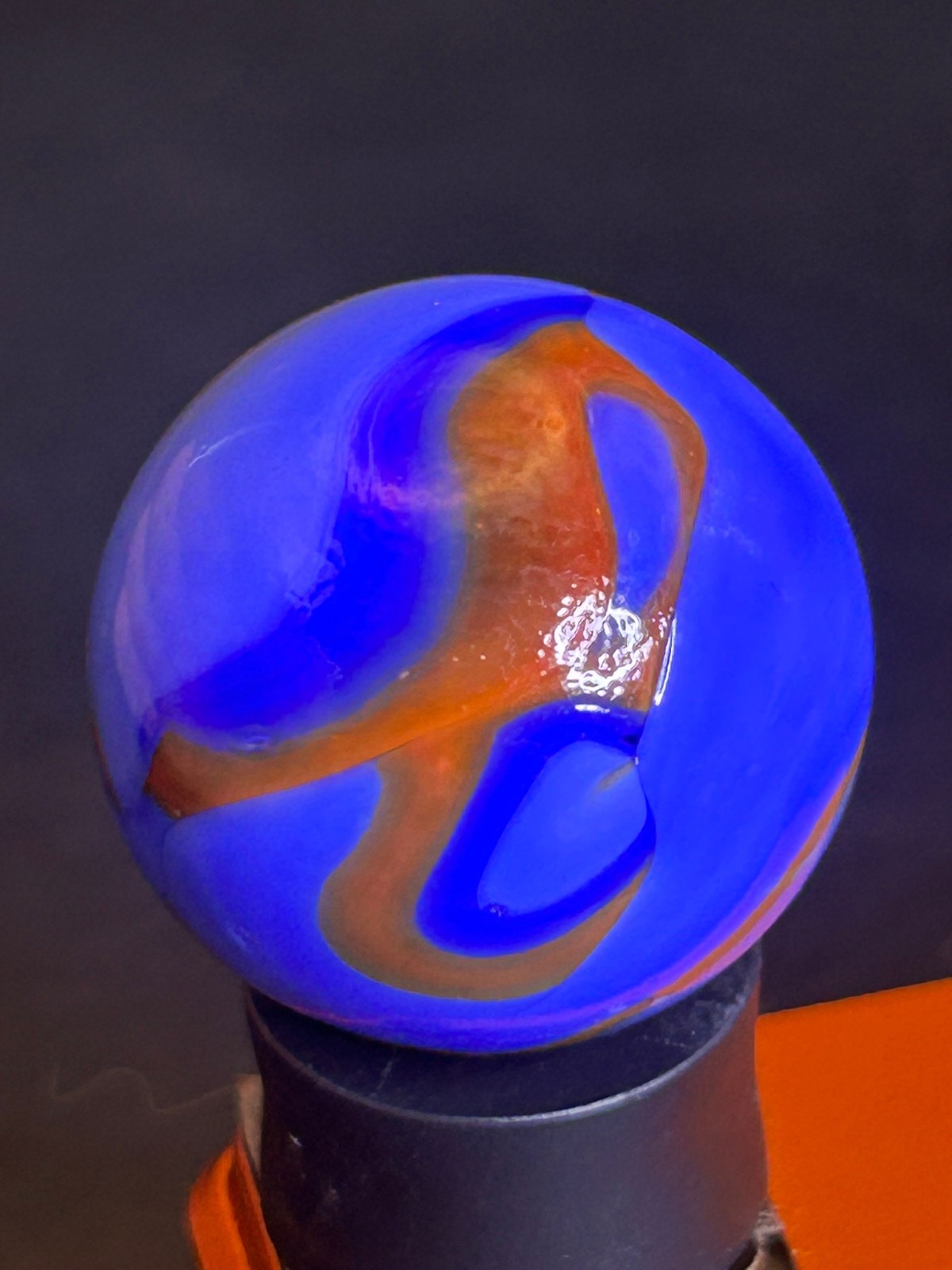Christensen Agate Co Flame Swirl Marble Cobalt Blue & Orange UV+ .99″ Mint SH31