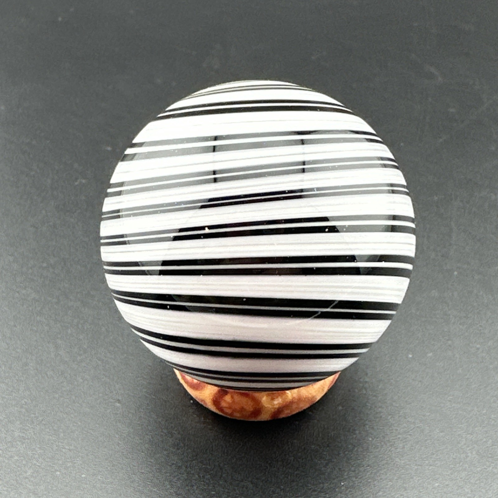 Contemporary Handmade Art Glass Marble 1.59″ Black & White Banded Swirl MIB Boro