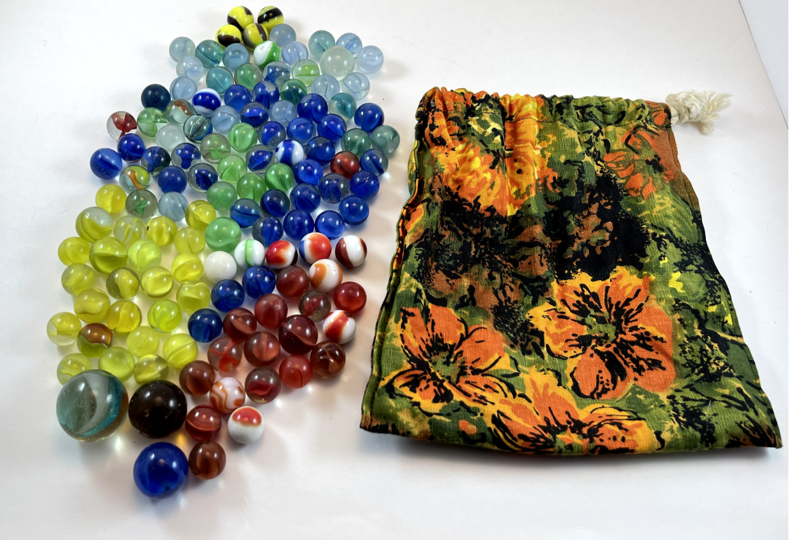 Vintage Collection of 127 Glass Marbles and Cloth Bag, circa 1960-70s