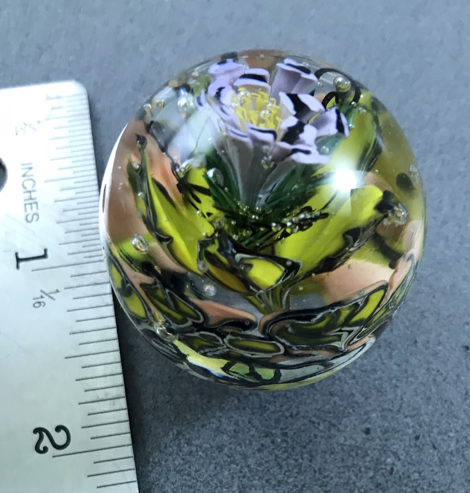 handmade 1 3/4” Purple Murrini Floral glass marble W/ Hand Painted Bug