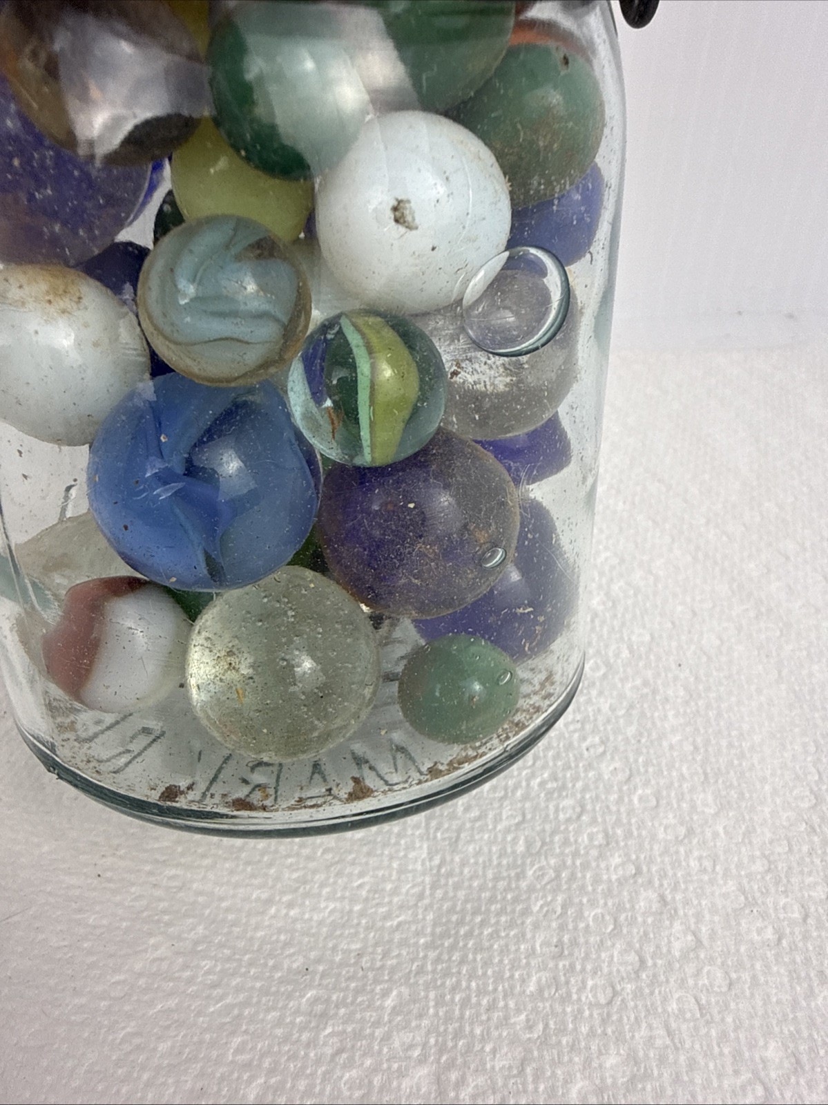 Pint Jar Full of Vintage Marbles in Antique Atlas E-Z Seal , Wire Bail, And Seal