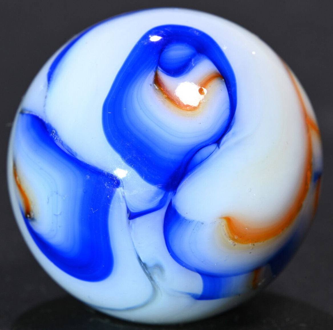 Large Veiligglas Opaque Vintage Marble Abstract Orange Blue 1950’s 23.2mm 29/32