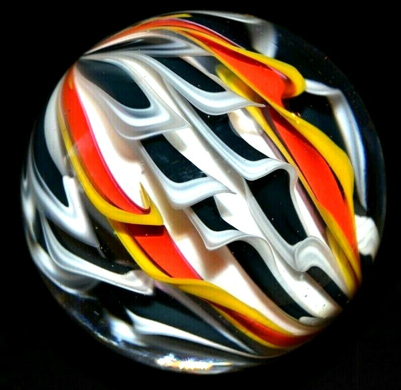 FRITZ LAUENSTEIN GLASS MARBLE/1.647″-CROWN 9 CANE FILIGRANA-CHERRY,GOLDENROD,BLK