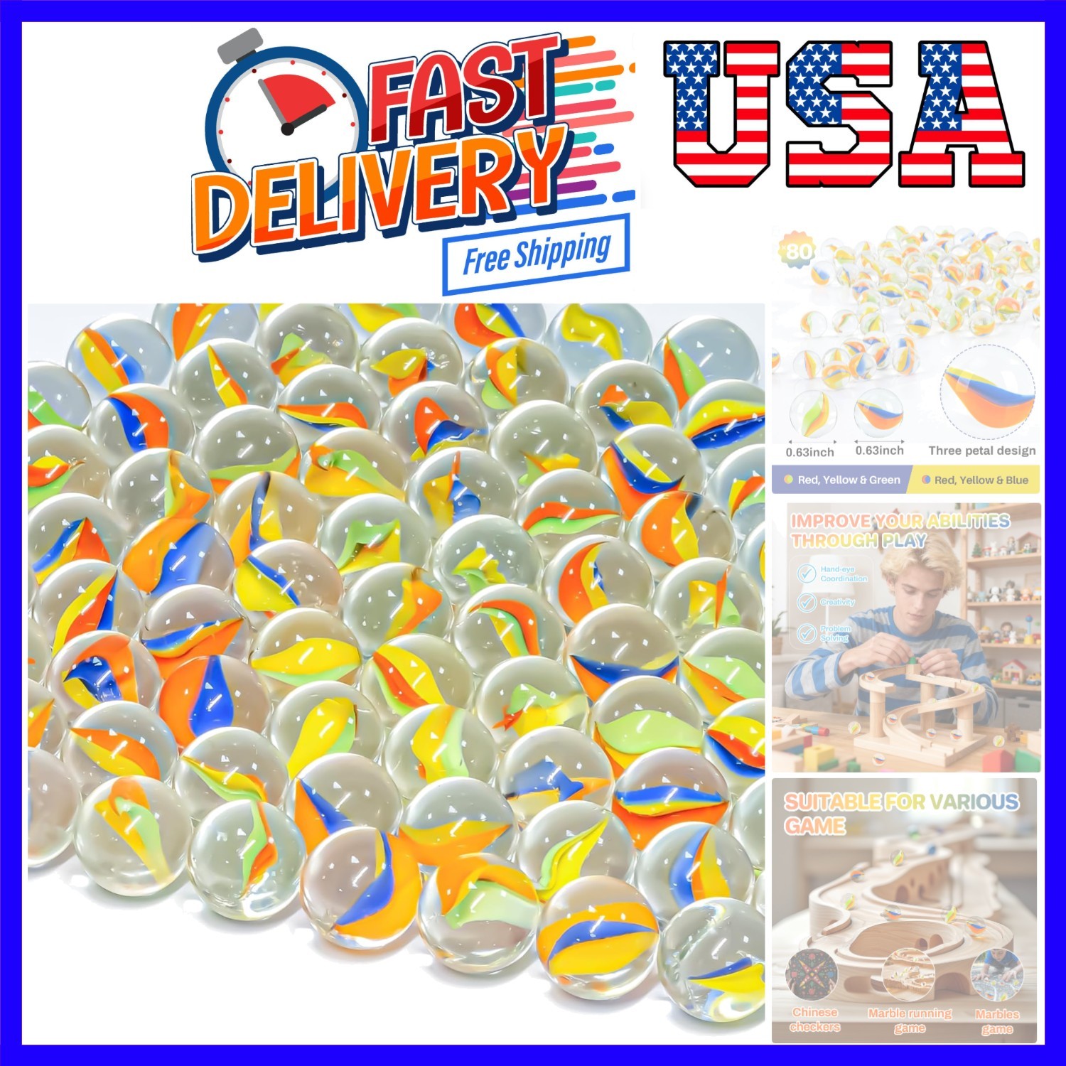 Bulk Glass Marbles – Thick Cat Eye Mix 3 Colors Medium Sized 80Pcs Marble Dec…
