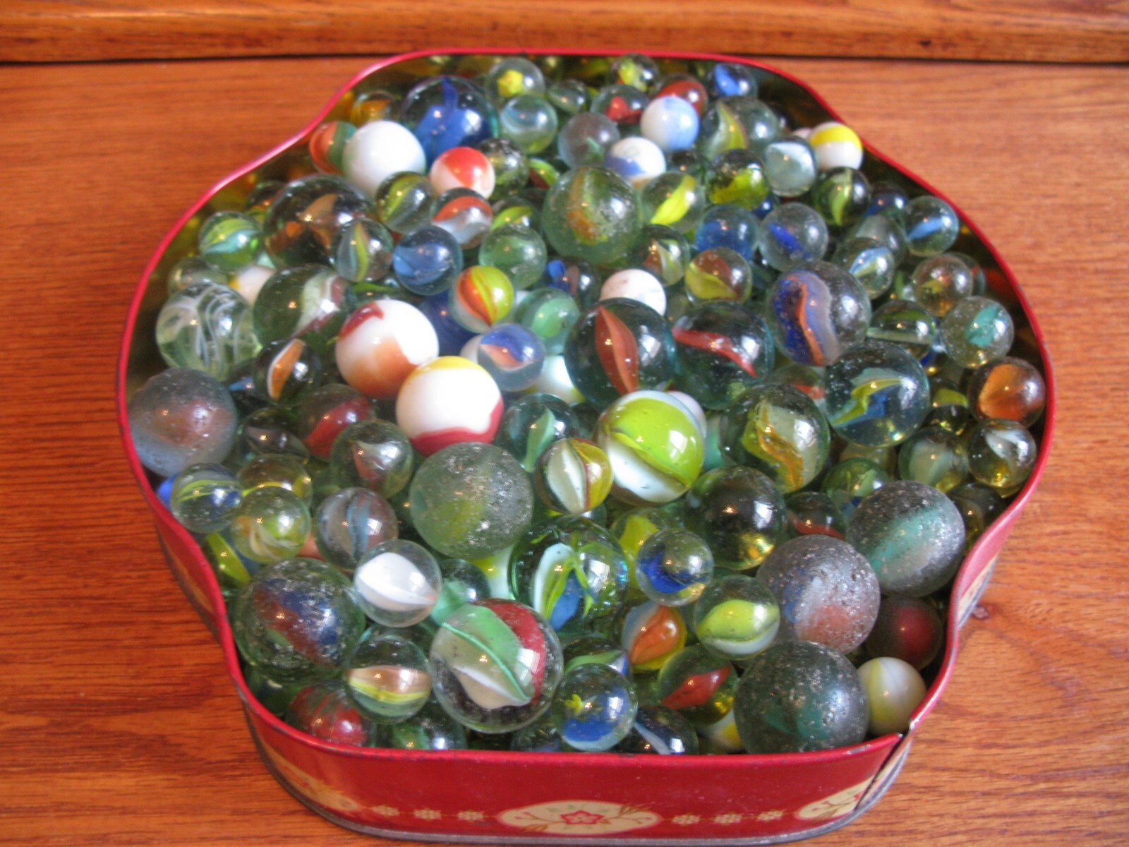 Lot Of Marbles In “Antique Tin”- Various Sizes And Colors “See Pictures”