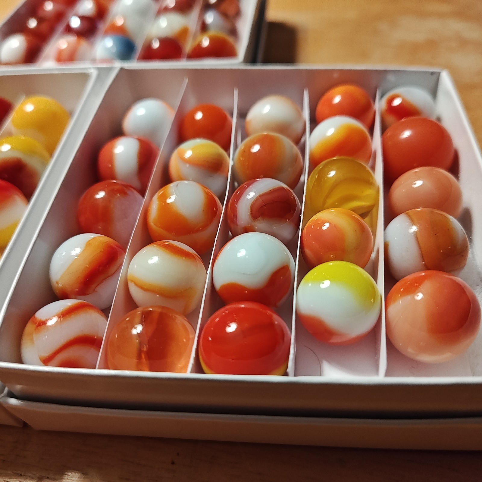 75 Vintage Swirl Glass Marbles 5/8″ – Orange, Yellow and White – W/ Boxes