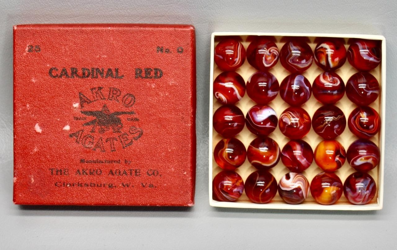 RARE BOX OF 25 AKRO AGATE NO. 0 CARDINAL RED MARBLES • EXCELLENT CONDITION