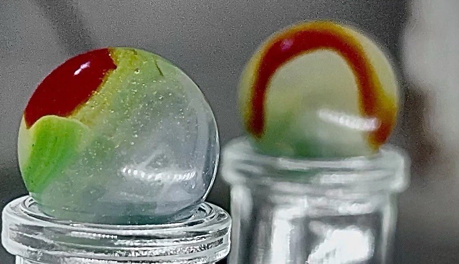 Vintage Peltier NLR Colorado Marble Green Red Swirl Clear Base 5/8” (pair)