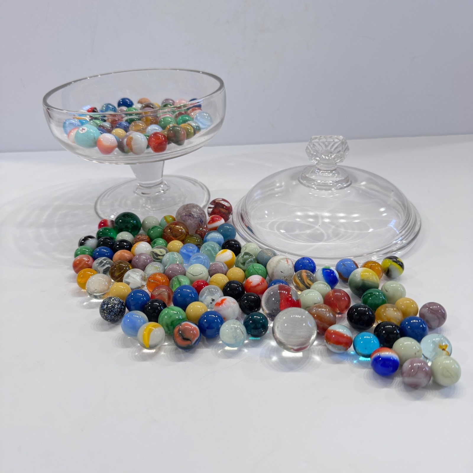 Glass Candy Dish Jar with Lid and Colorful Vintage Marble Assortment