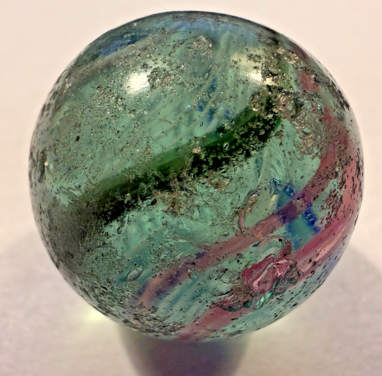 1″ ANTIQUE HANDMADE GERMAN MARBLE, WHITE Latticino CORE, Pink, Blue Ribbon
