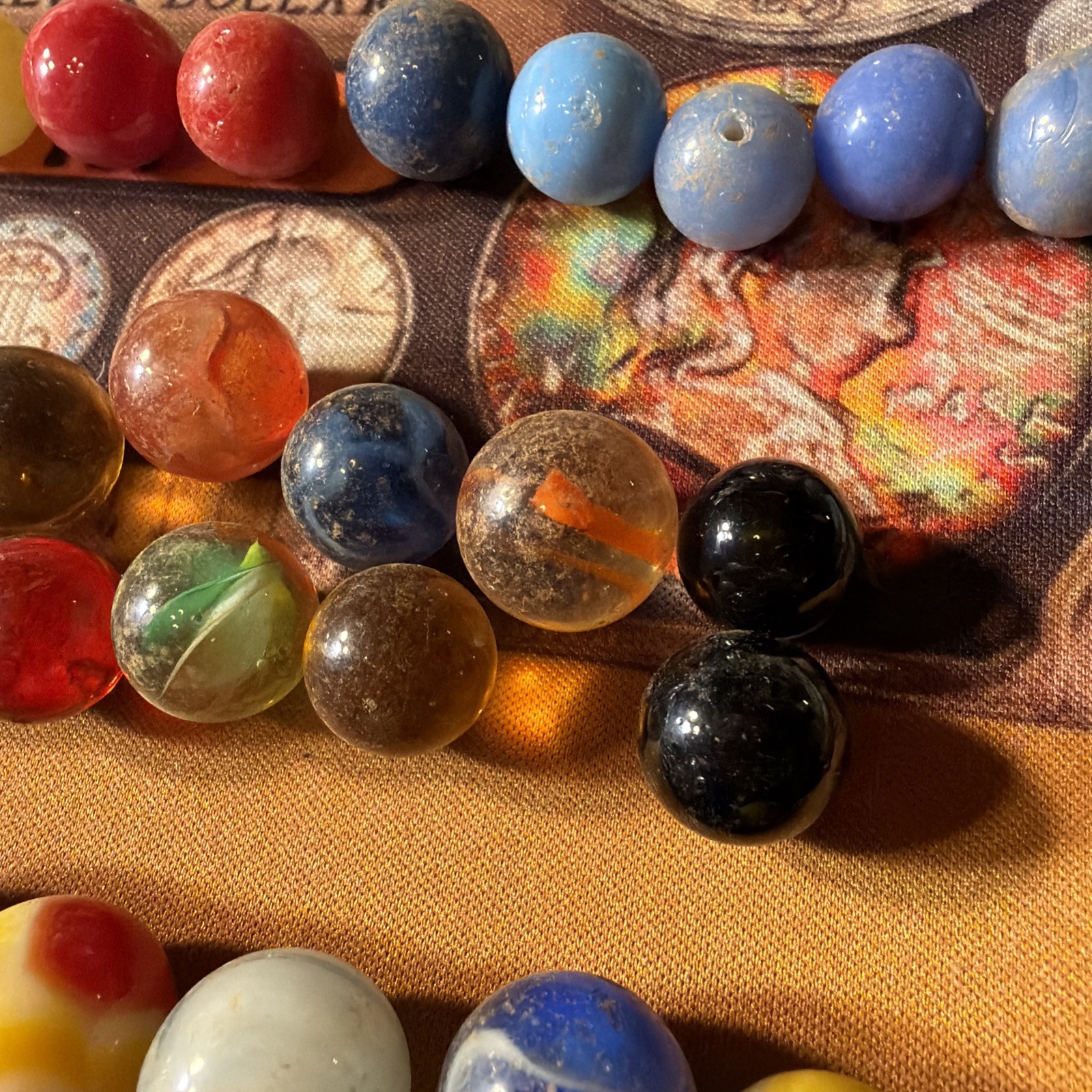 Marble Lot Of 64. Core/banded Swirl, Agate, Glass, Striped, Clay, Ribbon, Solid