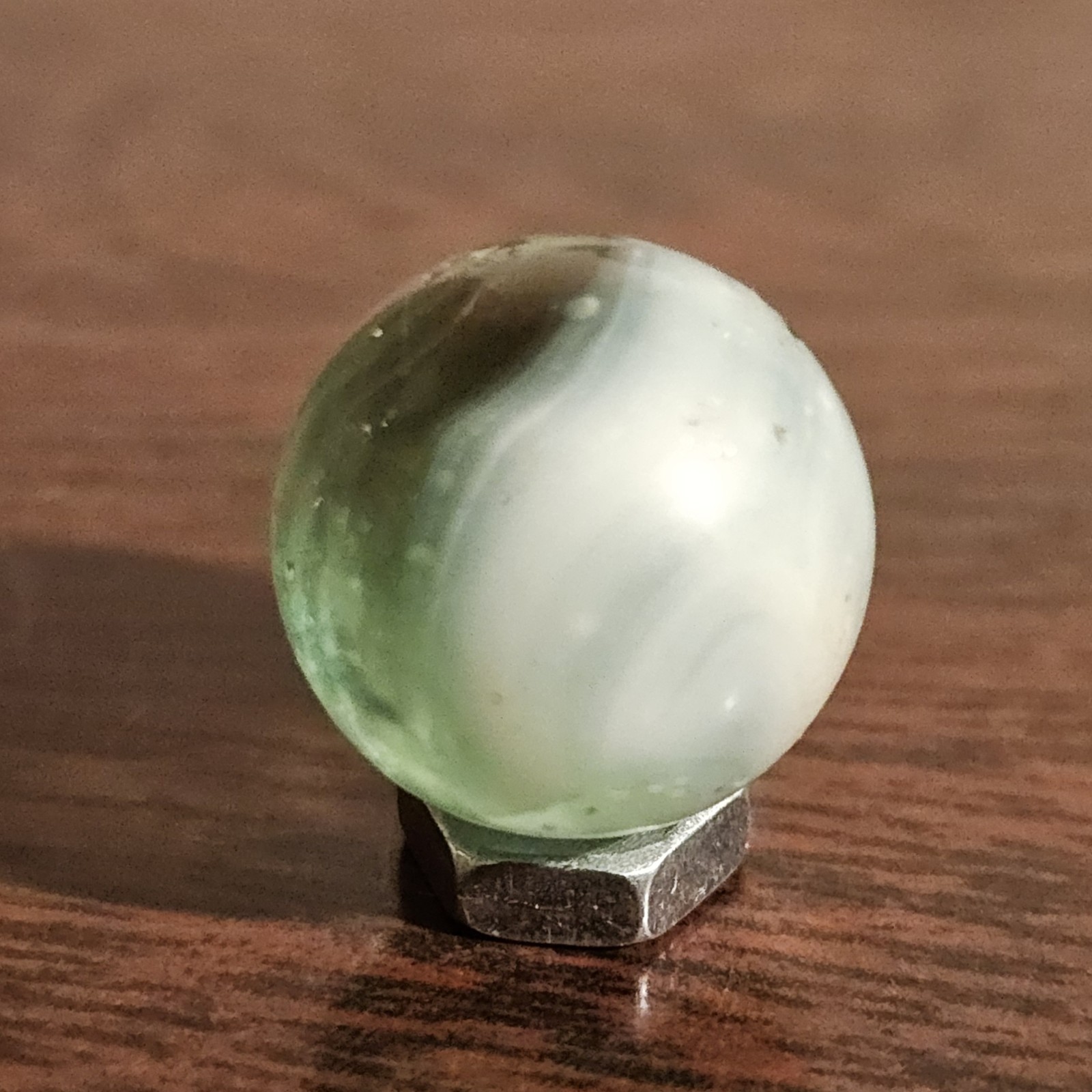 Vintage Master Glass Opaque White Swirl and Green Glass .593 Marble