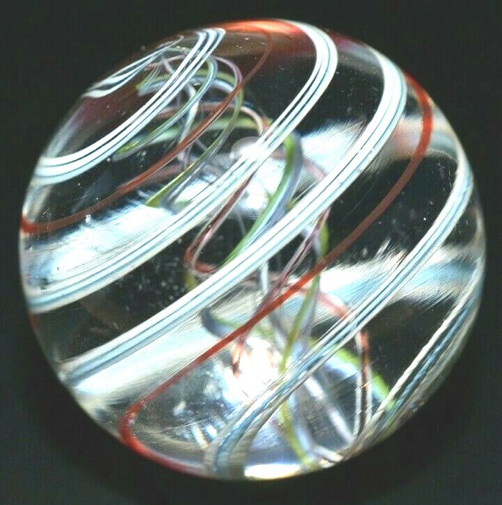 MASLACH? FINE? unsure GLASS MARBLE/1.264″-4 COLOR LATTICINIO TORNADO-CHERRY,TURQ