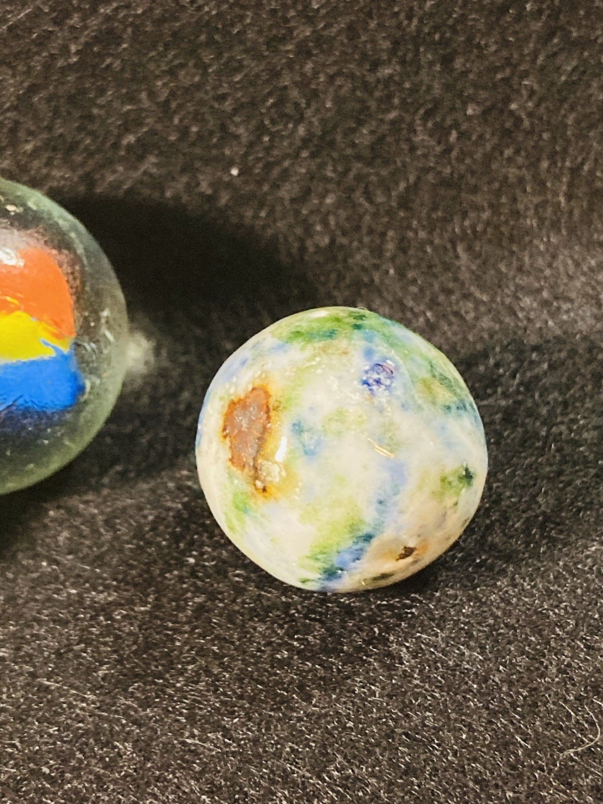 2 ANTIQUE VINTAGE BENNINGTON MARBLES FANCY MULTICOLORED 1800’s HANDMADE GLAZED