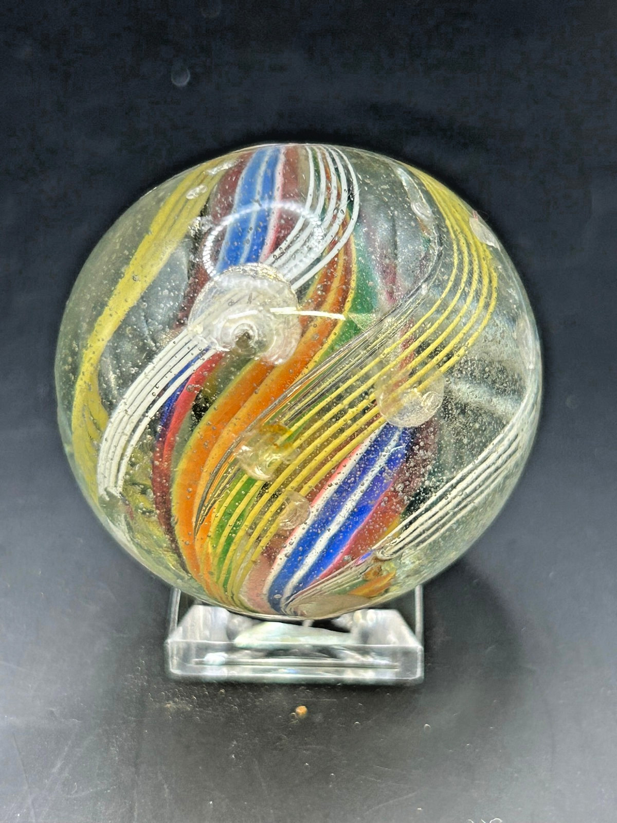 Antique German Divided Core Yellow White Latticino Marble 1 9/16″ NM- E3.2