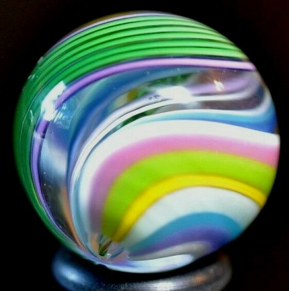 JODY FINE HANDMADE GLASS MARBLE/.926″-SPRING TRIPLE-BLUE,OLIVE,LILAC,ROSE,LEMON+