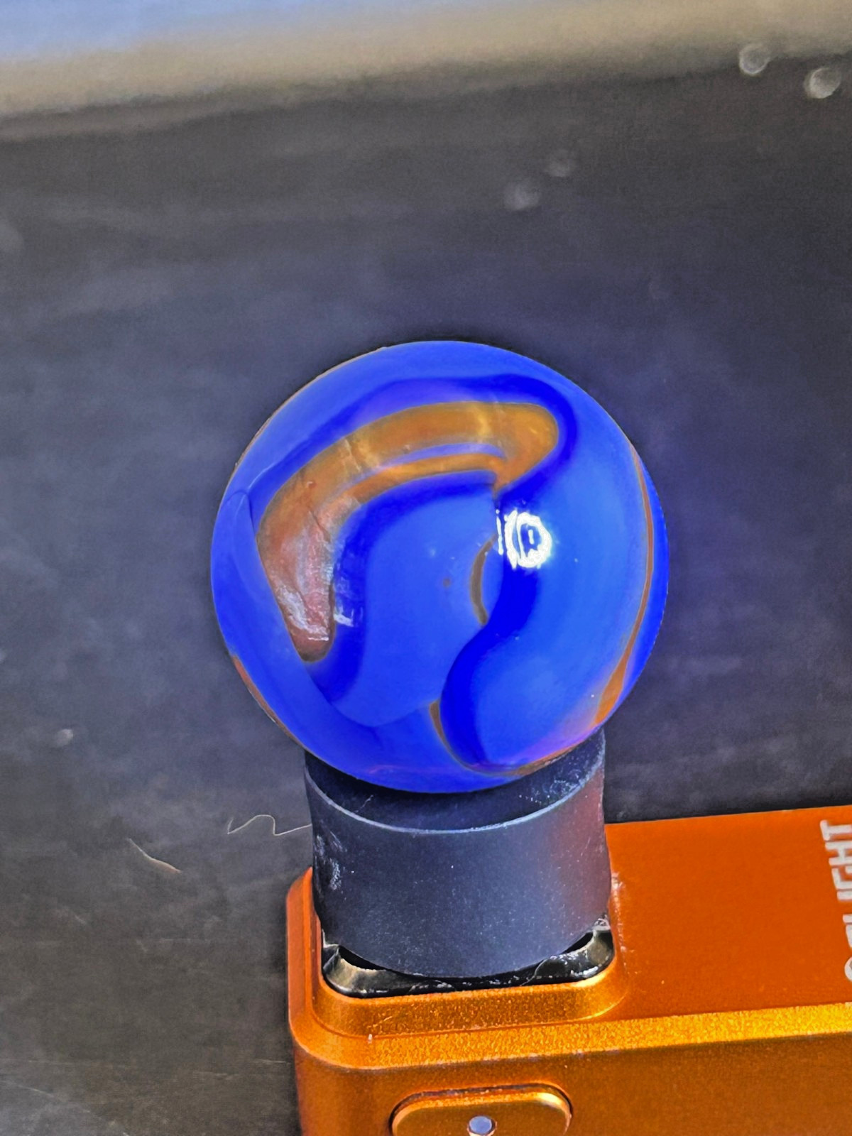 Christensen Agate Co Flame Swirl Marble Cobalt Blue & Orange UV+ .99″ Mint SH31