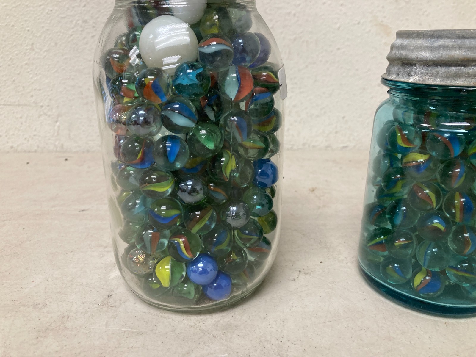 Lot of 2 Vintage Aqua Ball Pint Jars Full of Marbles 16 oz Collectible