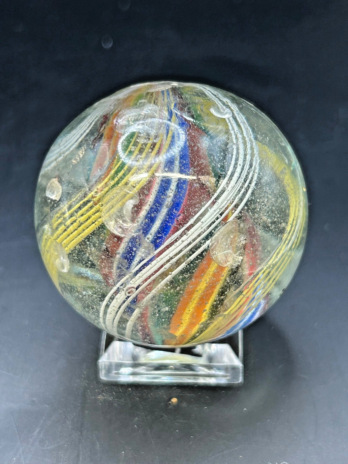 Antique German Divided Core Yellow White Latticino Marble 1 9/16″ NM- E3.2