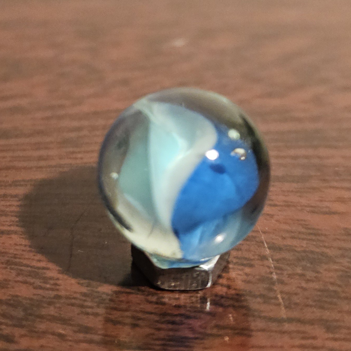 Vintage 6-Lobe Cats Eye Light Blue Dark Blue Pass-Thru White .593 Glass Marble