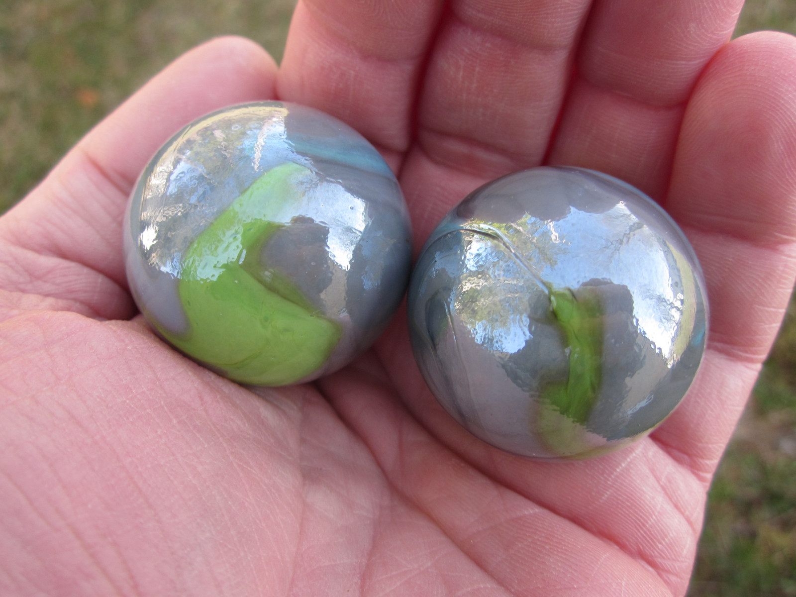 2 BOULDERS 35mm THUNDERBOLT Marbles glass ball Green/Blue/Grey Giant LARGE Swirl