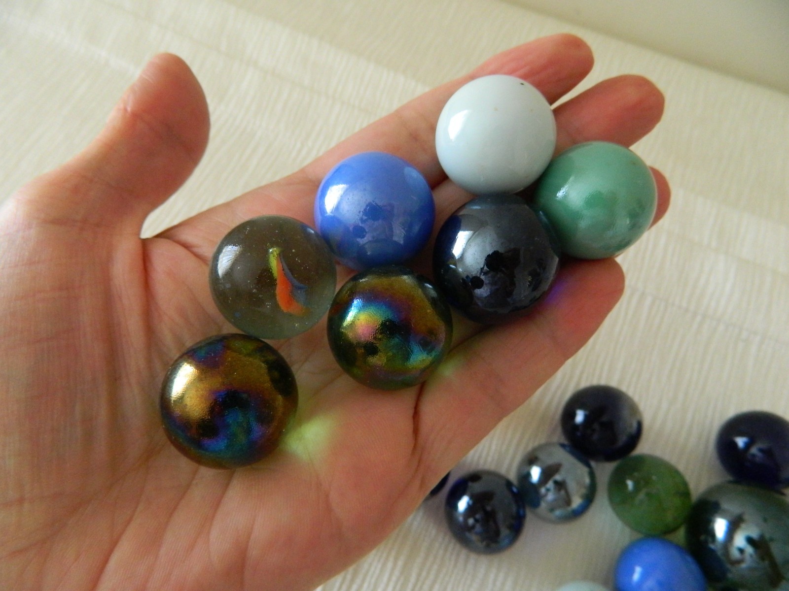 GLASS MARBLES Blue White Green Orange Bubbles Luster Opaque Medium Large Toy Lot