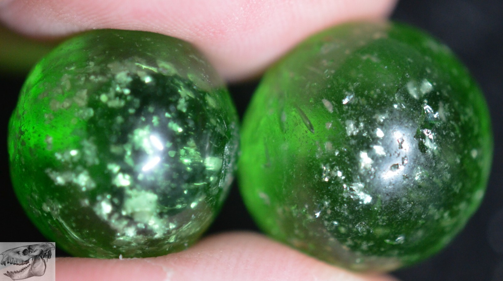 Four Handmade Green Mica Marble, 5/8 to 3/4 in, Good to Near Mint, Germany S903