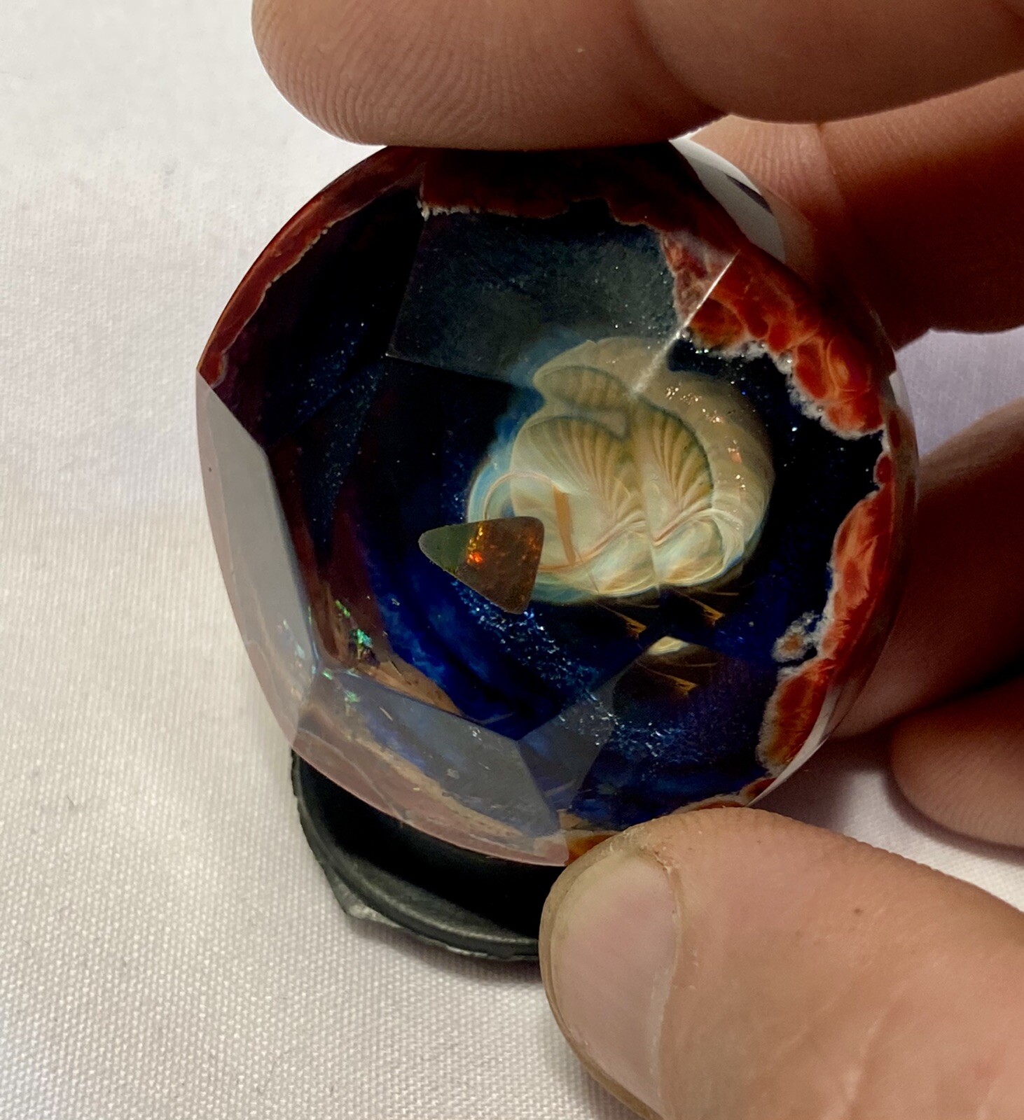Glass Boro Marble 41mm W/ Opal Stone Hand Made Art Faceted ￼space Sculpture