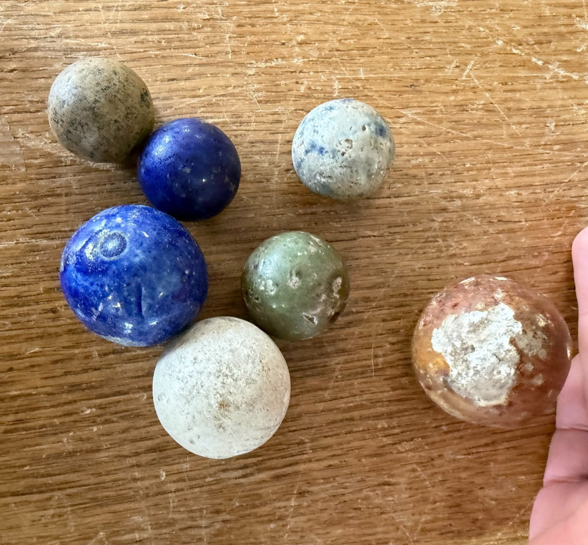 Lot of 7 Large Antique Clay Marbles 25mm to 39mm In Diameter