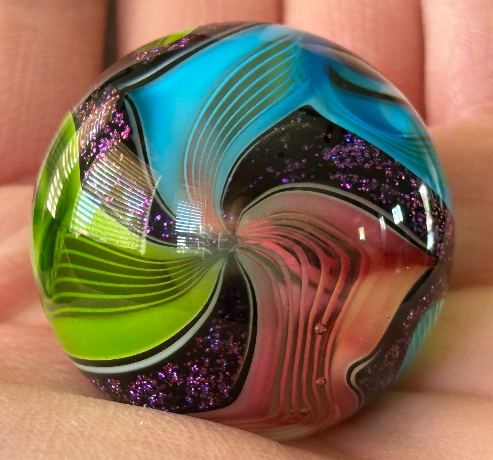 LARGE Contemporary Handmade HOT HOUSE Glass Marble SWIRLS w/Purple Lutz – 1.69″