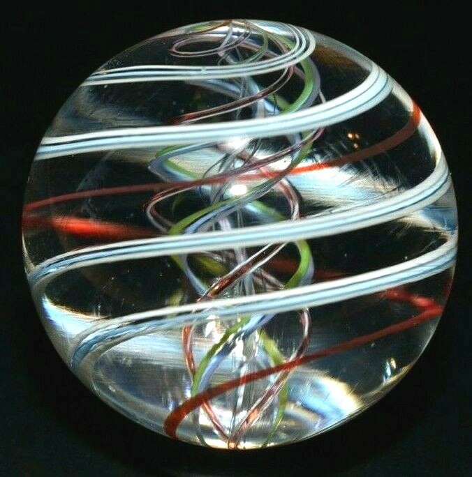 MASLACH? FINE? unsure GLASS MARBLE/1.264″-4 COLOR LATTICINIO TORNADO-CHERRY,TURQ