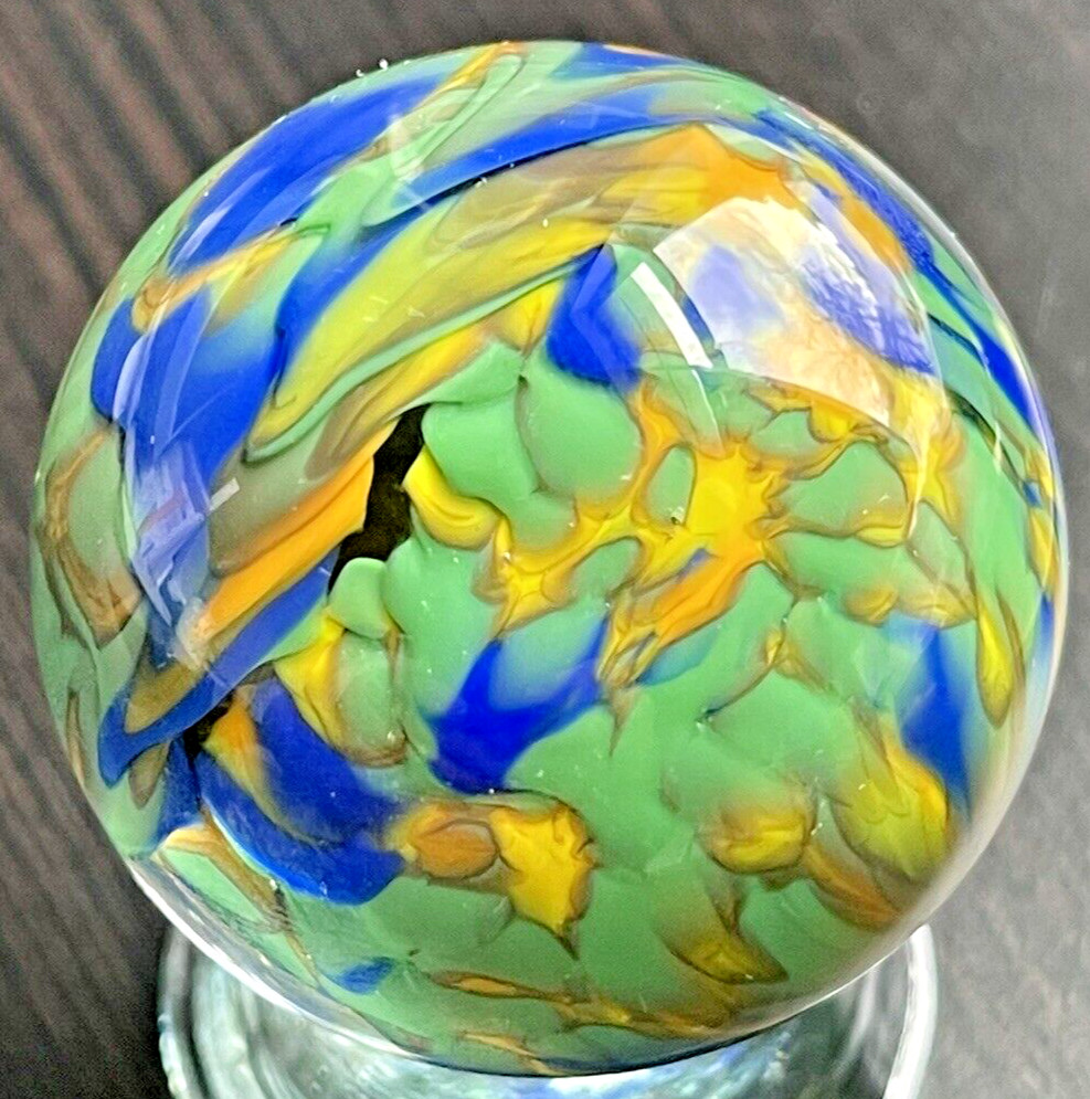 VINTAGE EDDIE SEESE MARBLE ART GLASS HANDMADE MARBLE BLUE YELLOW 1.73″ FES 01