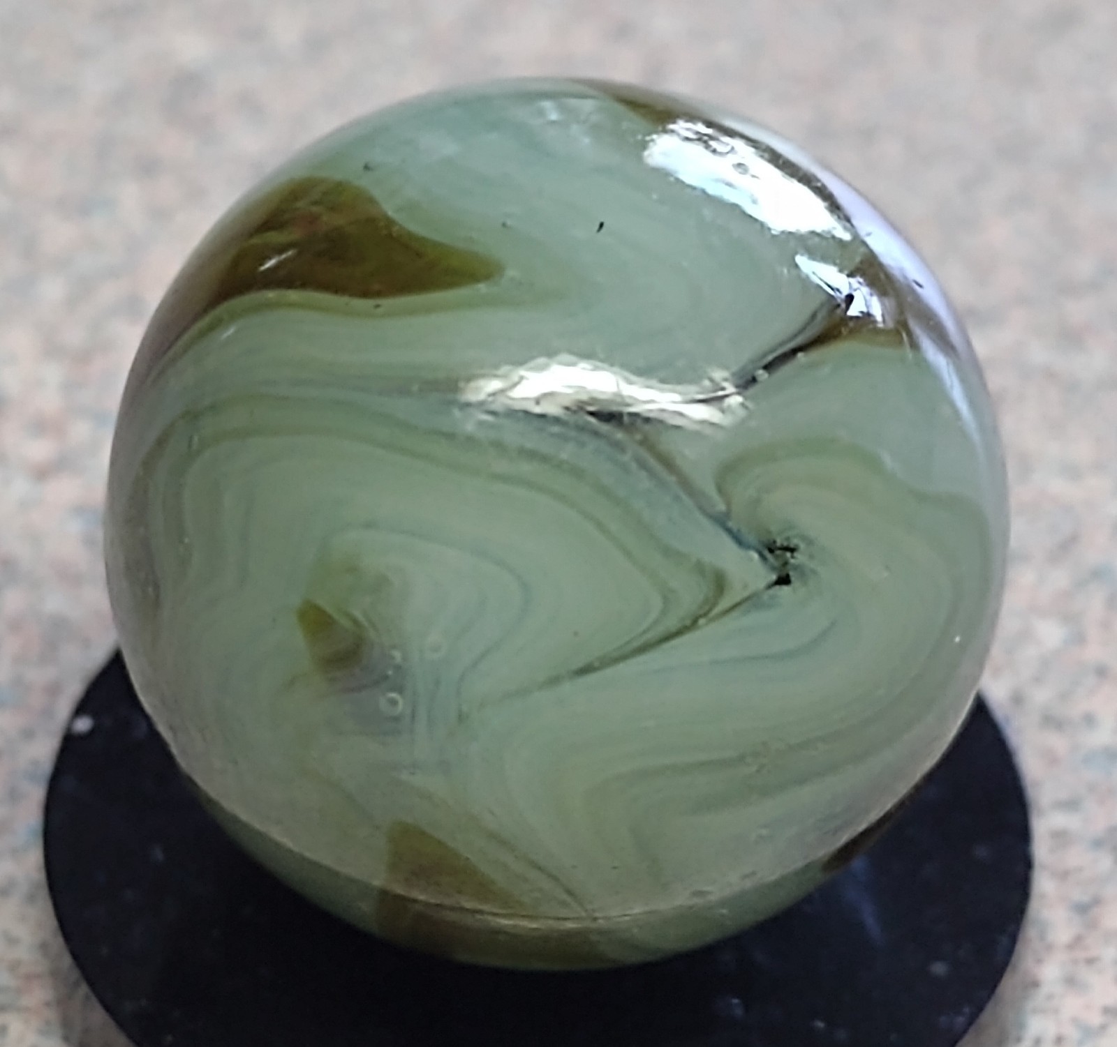 Heaton Agate Swirl marble-.63″ Near Mint+, Lt Green Transl. base-Brown swirl
