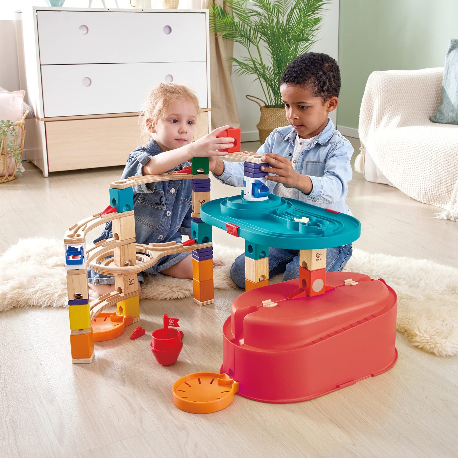 Hape 90 Piece Quadrilla Stack Track Bucket Box Marble Race Building Set Blue