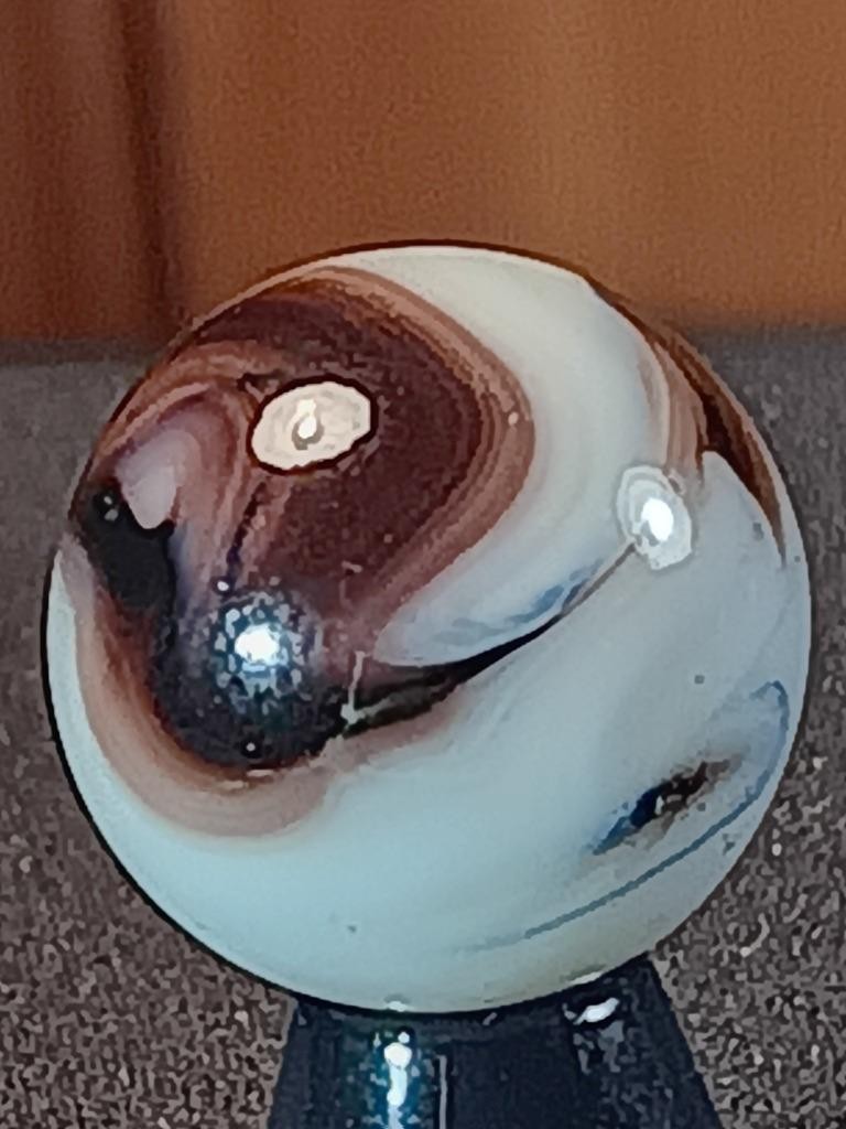 5/8″ Akro Alley Root Beer Browns Ice White Swirl on Clear NM Serious Marble B76