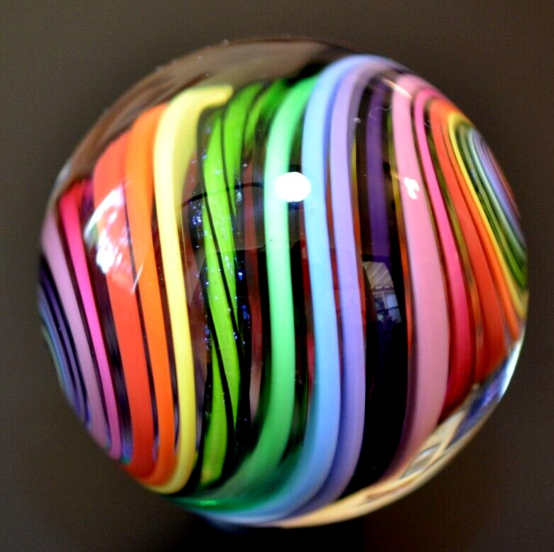 EDDIE SEESE GLASS MARBLE/1.829″-FILIGRANA JOSEPH’S COAT RAINBOW DT-GREEN,TURQ.+