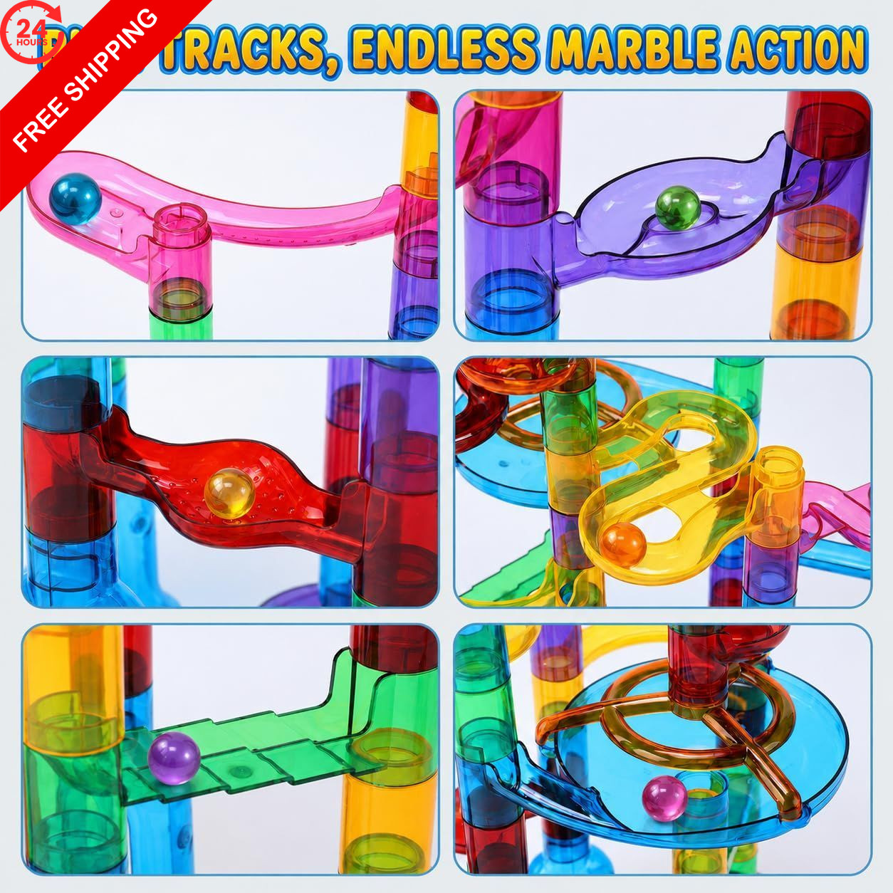 EagleStone 79PCS Transparent Glow Marble Run Construction Maze 79pcs