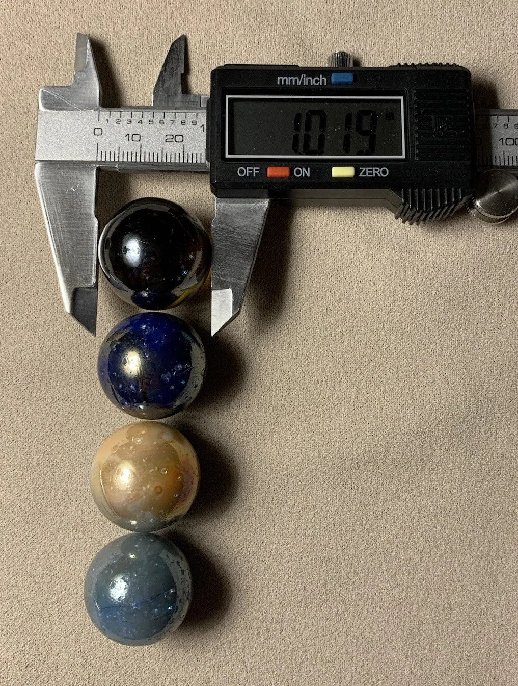 5 Vtg Vacor Blue White Gold Iridescent Transparent Shooter Marble Job Lot 1.019”