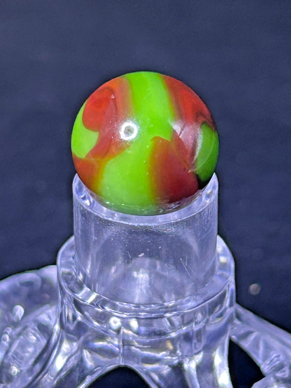 Vintage Peltier NLR Flaming Dragon Marble, Green Base/Red, .59″, Mint, #P19