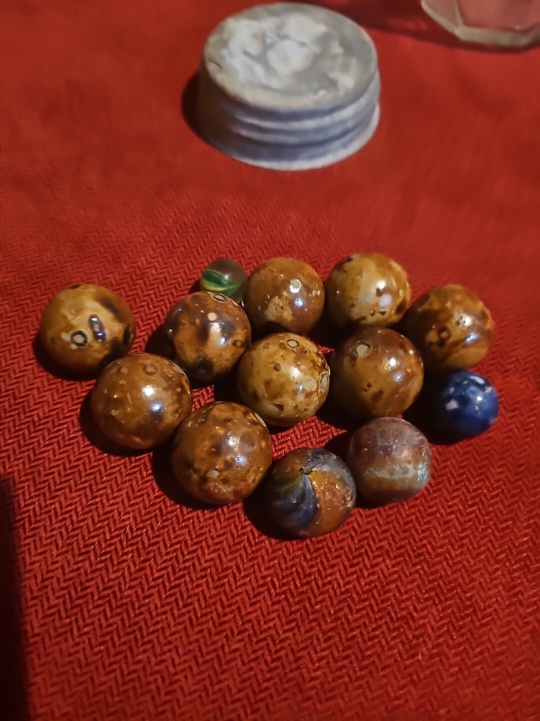 13 Antique Bennington Clay Marbles Vintage Stoneware. In Vintage Glass Jar
