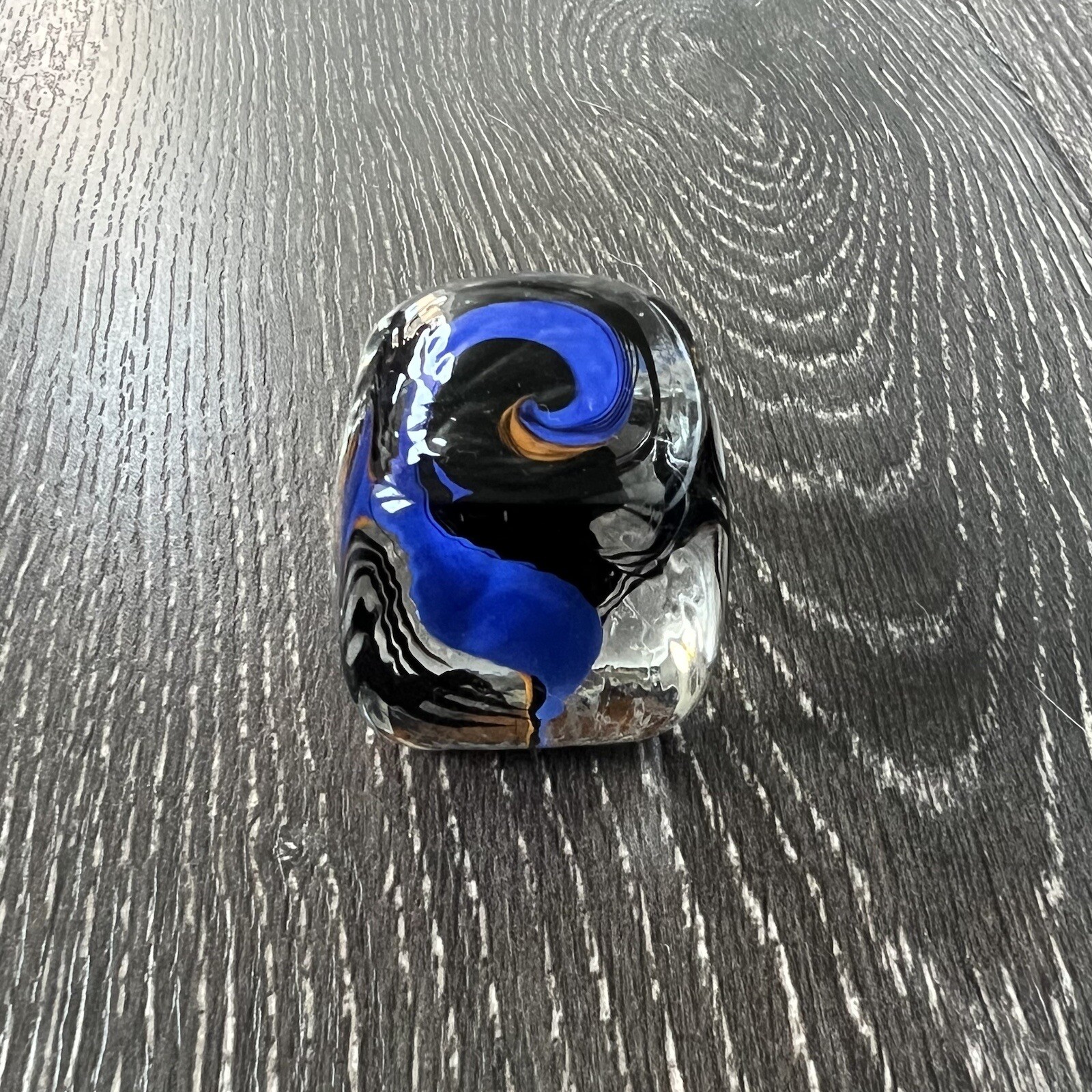 RARE SQUARE Shooter Rolf Wald Art Glass Cube Dice Blue Black & Orange Signed 90s