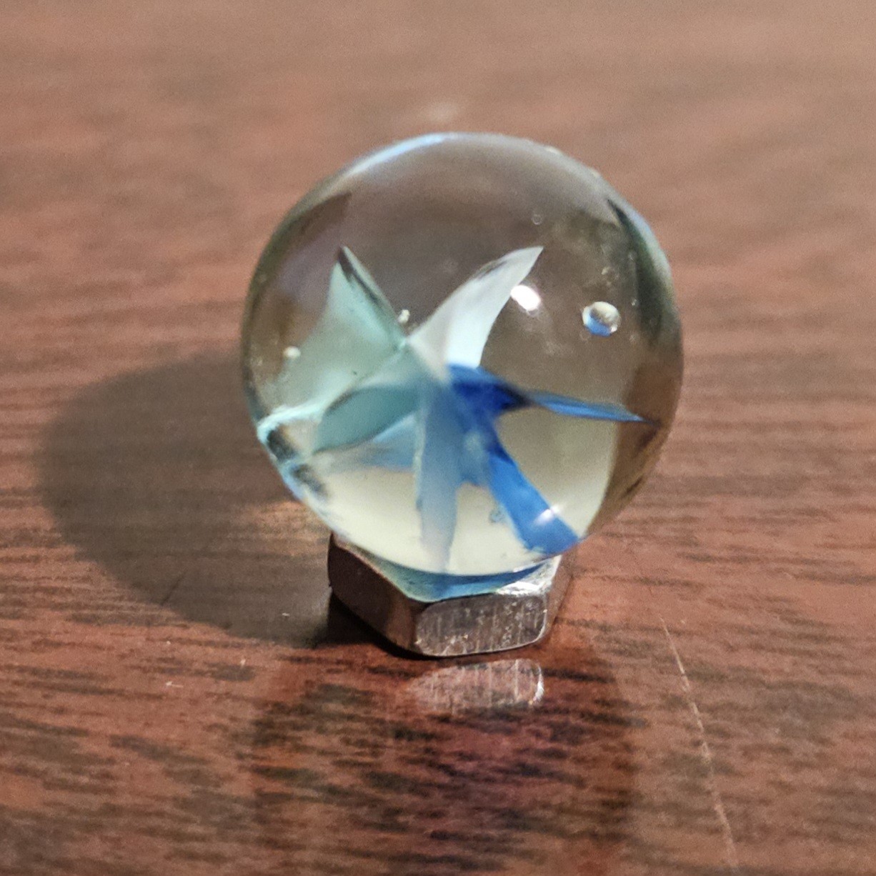 Vintage 6-Lobe Cats Eye Light Blue Dark Blue Pass-Thru White .593 Glass Marble