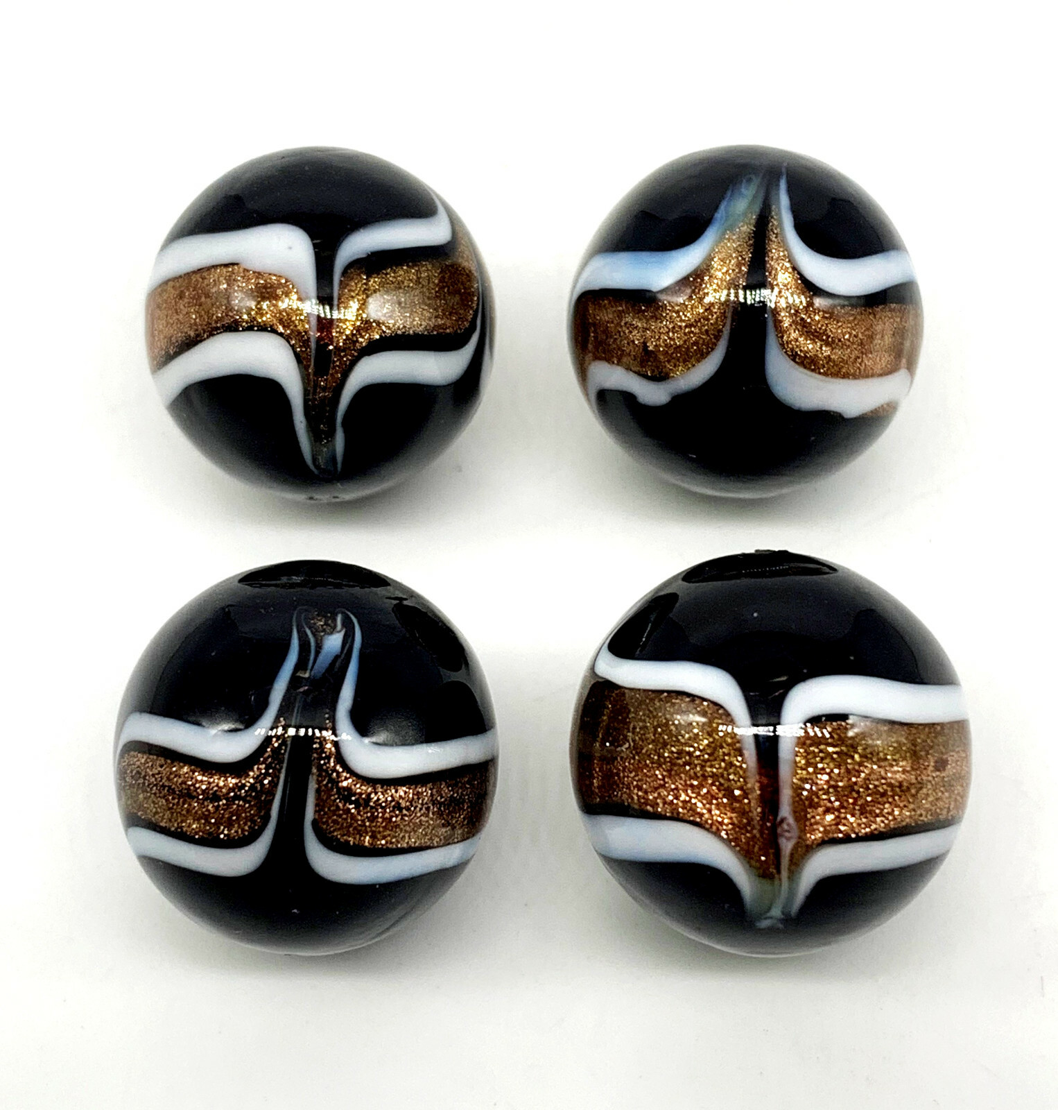 22mm Insignia Handmade Art Glass Marbles Pk 4 (7/8th”) Black w White Gold Design
