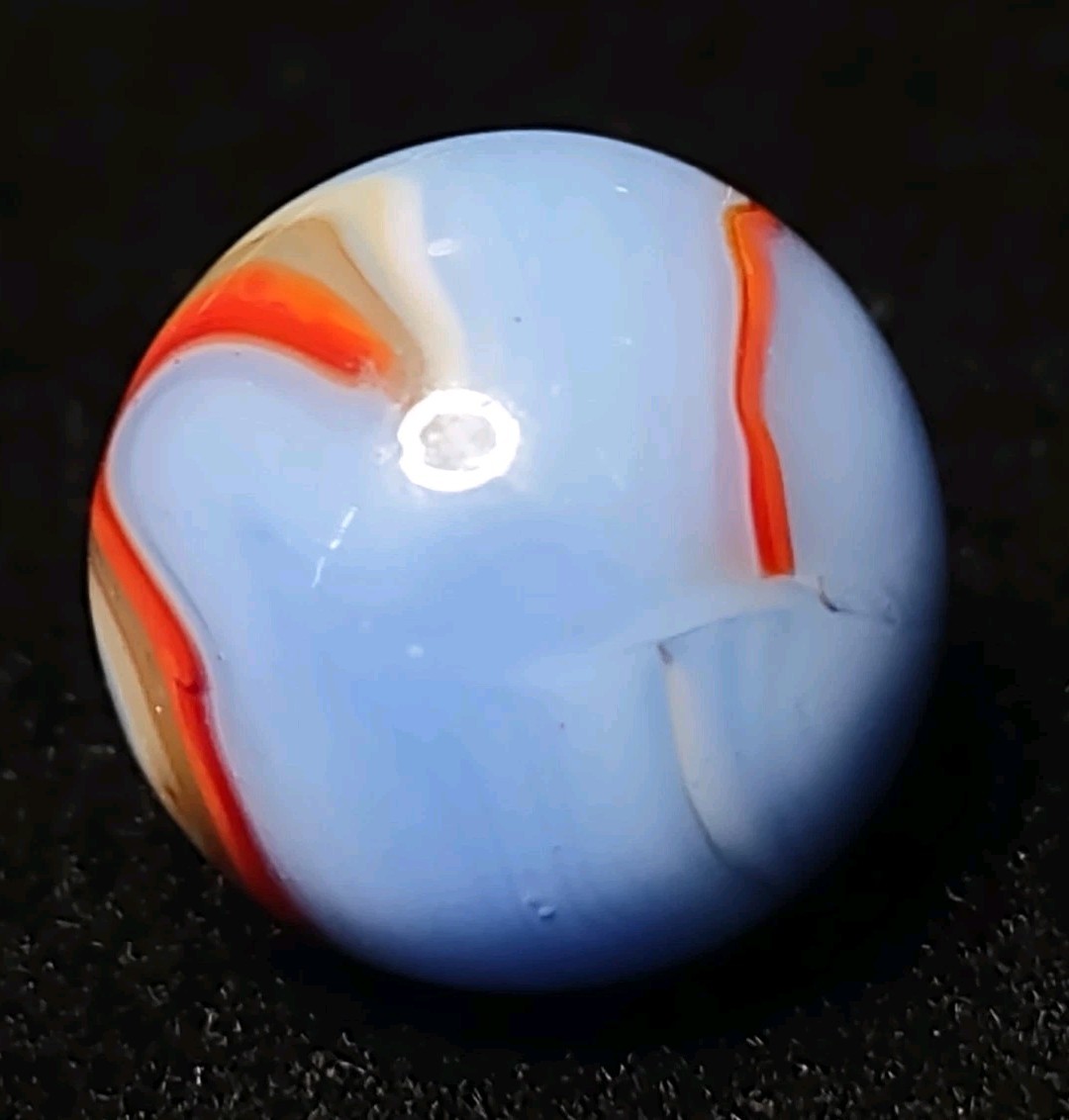 Robin Egg Blue w/ Orange 🔥 Red Peltier Rainbo Glass Vintage Marble .63″ Toy