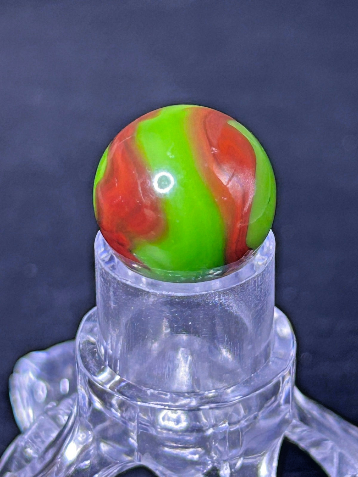 Vintage Peltier NLR Flaming Dragon Marble, Green Base/Red, .59″, Mint, #P19