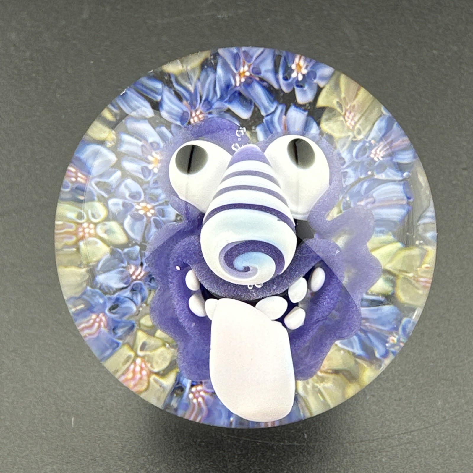 Contemporary Handmade Art Glass Marble 1.65″ Purple Floral Monster Flower MIB